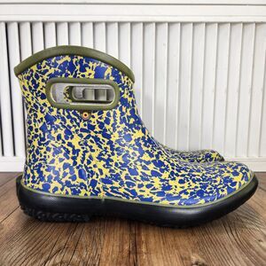Bogs Patch Rain Boots Womens Sz 10 Blue Yellow Spot Splatter Rubber Ankle Garden